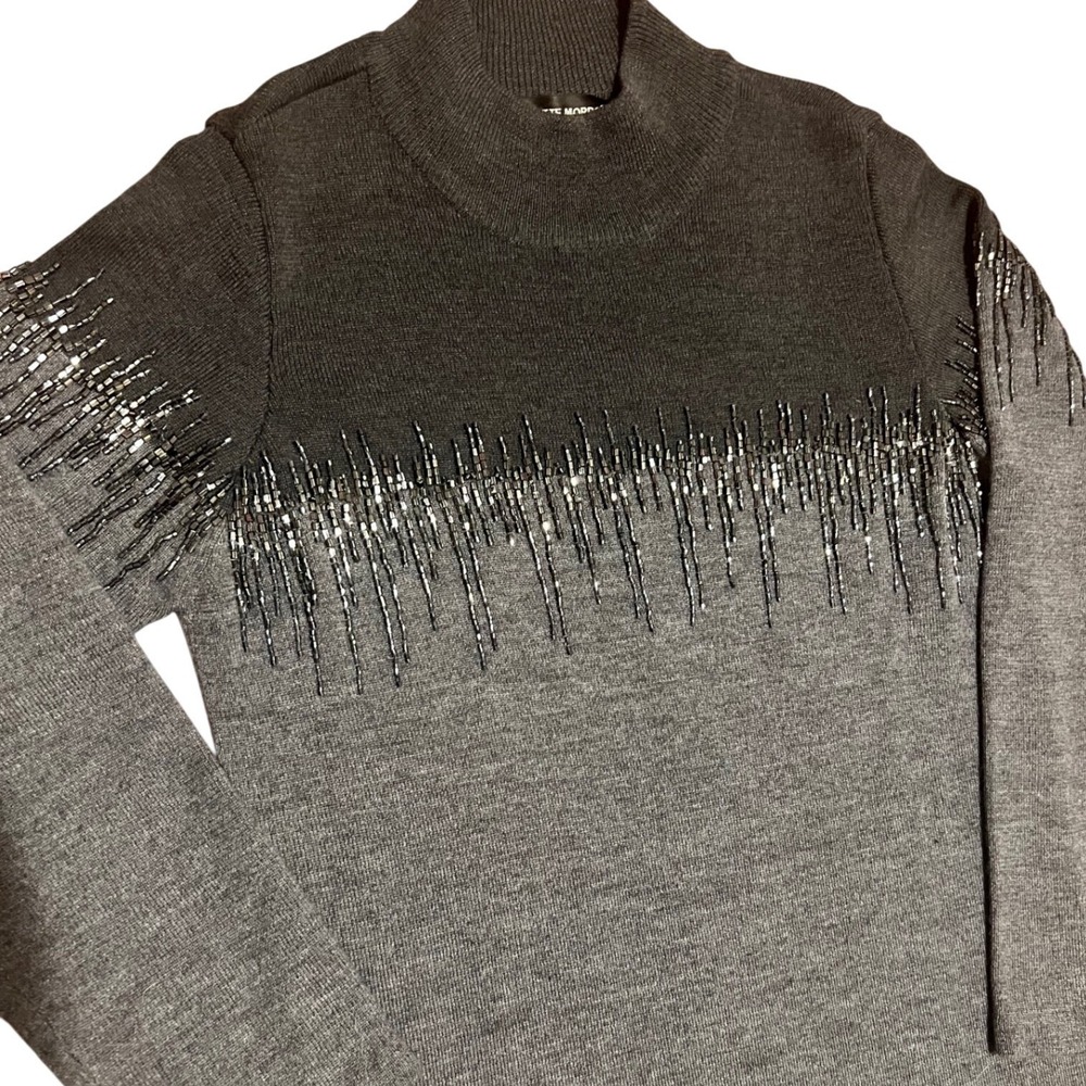 Colette Mordo Grey Wool Blend Beaded  Mock Neck Long Sleeve Sweater‎ Dress - S